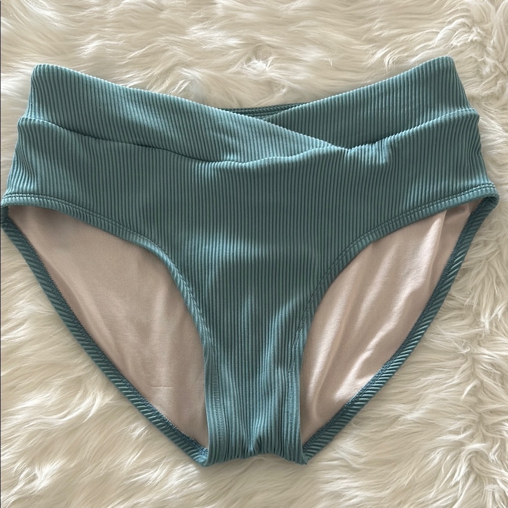 Teal High Waisted Crossover Ribbed Bikini Bottoms Size Medium